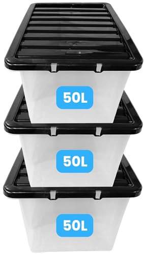 KAPCO 50 Litre Storage Boxes with Lids (3 Pack) | Large, Stackable Clear Plastic Box with Black Lid | Ideal Multipurpose Storage Solution for Home & Office | 57 x 40 x 30cm