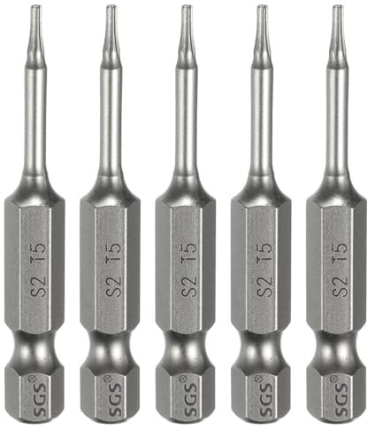 sourcing map 5pcs T5 Torx Head Screwdriver Bit 1/4 Hex Shank 2 (50mm) Long Magnetic No Hole Tip Tamper Proof 6 Point Star Screw Driver Drill Bits S2 Steel Industrial Power Screwdrivers