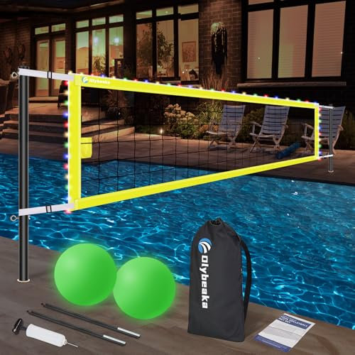 Base Free Swimming Pool Volleyball Net Set for Above Ground/Inground Pools with 1.5“ Aluminium Poles, 15-25 Width Adjustable Anti-Sagging Net, 2 Water Volleyballs and Carry Bag (Yellow)