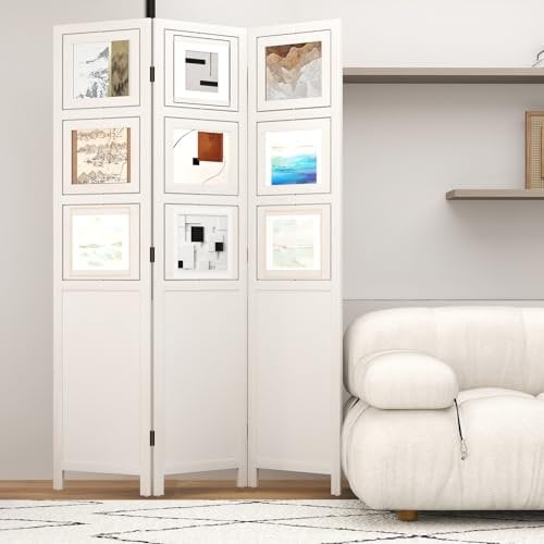 GIANTEX Paravent Raumteiler innen Trennwand Sichtschutz mit 9 drehbaren Fotorahmen Raumtrenner klappbar 3 teilig 121 x 170 cm Spanische Wand Holzrahmen Stellwand Room Divider Privatschutz Weiß