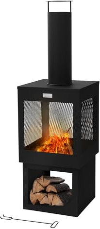 ML-Design Gartenkamin mit Schornstein 128x40 cm eckig, Stahl, Outdoor Gartenofen, Terrassenofen mit Schürhaken, abnehmbarem Dach, Holzablage, Terrassenkamin Feuerschale/Feuerkorb für Garten & Camping