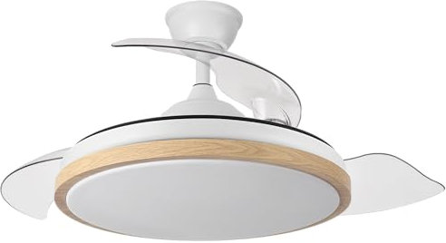 Ventilador de Techo con Luz LED 72W – Motor DC 32W Silencioso – Aspas Retráctiles – 3 Tonos de Luz 3000K/4000K/6500K Dimable – Regulable con Mando y Temporizador (Blanco/Haya 1, 107 cm)