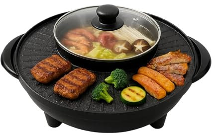 Electric Hotpot and Grill 2-in-1, Non-Stick Korean BBQ Electric Grill with Smokeless Hot Plate, Portable Multi Cooker for Camping and Family Use