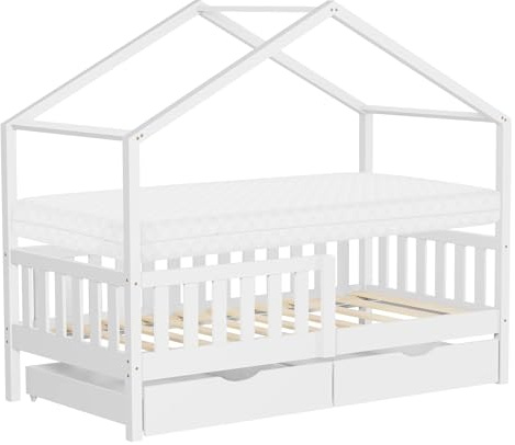 ML-Design Kinderbett Hausbett 80x160 cm Weiß mit Matratze, Holzbett mit 2 Schubladen, Rausfallschutz und Lattenrost, Spielbett aus Kiefernholz, Montessori Bettgestell für Kinder, Bodenbett Bettenhaus