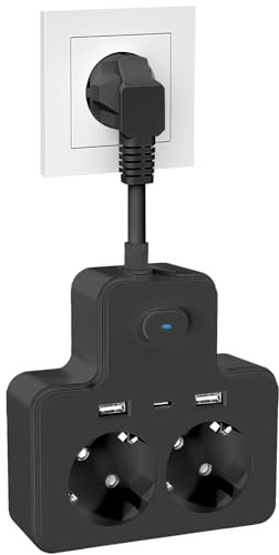 Steckdosenadapter mit USB, Doppelstecker für Steckdose, Steckdosenleiste 2 Fach mit 2 USB und Type c, 3840W 16A Steckdose für Home 0.5 3m Schwartz