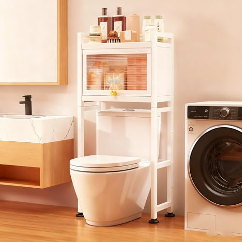 Jidanmian Toilettenregal über der Toilette, Badezimmerregal mit Haken/Schließfächern, 2-/3-stöckiges Badezimmerregal, freistehender, platzsparender Toilettenständer für Toilette, Badezimmer(2-Tier)