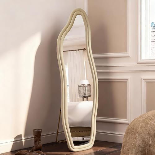 TDRTRD Miroir sur Pied irrégulier,160x50cm Miroir Pleine Longueur avec Cadre en Ivoire Velours et Support, Grands miroirs asymétriques, De Toilette et Mural pour Chambre à Coucher, Salon,entrée