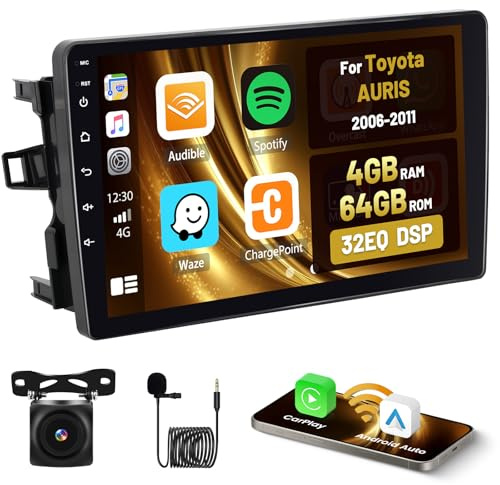 Roinvou 4+64G Radio Coche para Toyota AURIS 2006-2011 Carplay Inalámbrico Android Auto, Android Pantalla Radio Coche 9 Pulgadas MirrorLink Bluetooth WiFi GPS 32EQ RDS/FM SWC Cámara