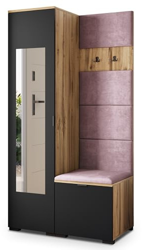 Masseno Flugarderoben Set VIRA, Kleiderschrank-Set mit Spiegel und Sitzbank, Garderobenschrank Flur mit 3 Regalböden, Eiche Wotan/Schwarz