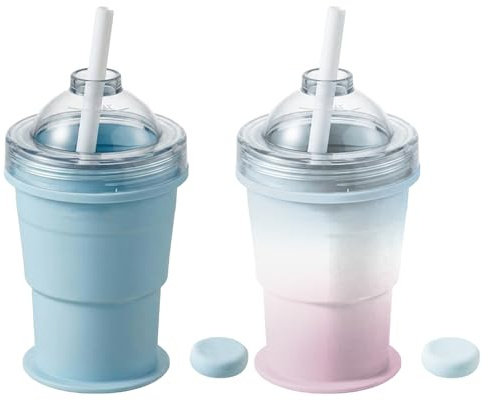 Rubu22a 2 Stück 2-in-1 Faltbarer Silikon-Becher mit Eiswürfelform, Strohhalm und Deckel, Wiederverwendbar, Auslaufsicher, für Kaffee und Saft (Blau, Lila)
