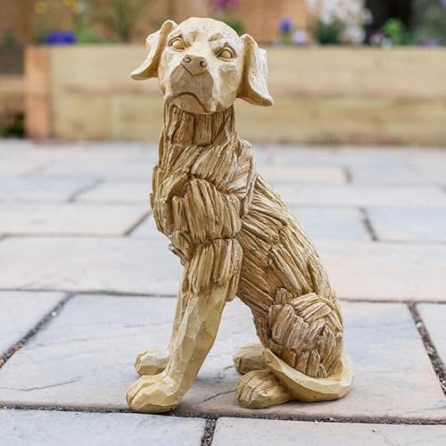 HomeZone Groß 35cm Rustik Holz Effekt Sitzen Labrador Hund Skulptur Treibholz Heim Garten Figur Rasen Statue Wetterfest Polyresin Material