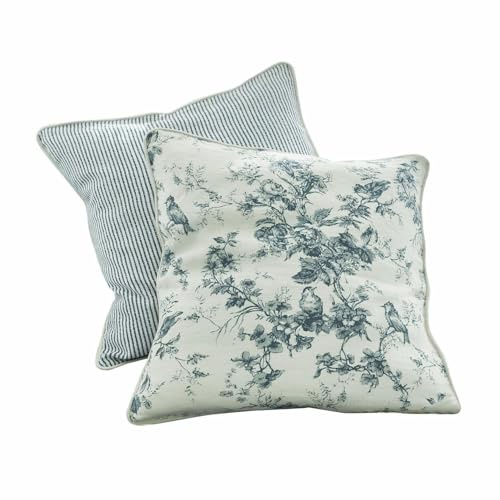 Loberon Kissen 2er Set Emilie, mit Web- und Printmuster, kuschelig weich, perfekt abgestimmtes Duo, Wohntextilien, Wohn-Accessoires, Leinen, Polyester, blau/Creme