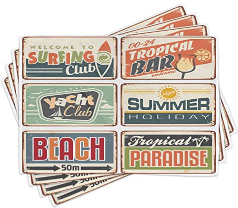 ABAKUHAUS Retro Platzmatten, Sommerurlaub Vintage Camping Strand Zeichen Boards im Alten Stil schwach Farben Kunstdruck, Tiscjdeco aus Farbfesten Stoff für das Esszimmer und Küch, Mehrfarbig