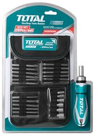 TOTAL - Destornillador Multipuntas | Juego de 24 Puntas | Ideal Para Apretar o Aflojar Diferentes Tipos de Tornillos | Mango con Función Carraca