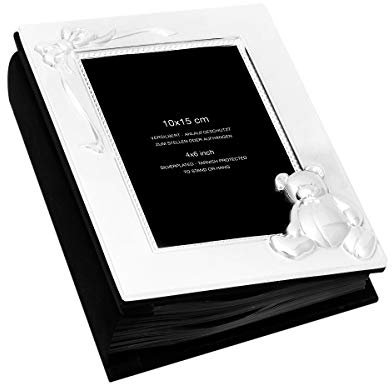 Brillibrum Design Baby Fotoalbum versilbert inklusive Gravur Kinderalbum mit Widmung Fotobuch für 100 Bilder Format 10x15 mit Wunschgravur Geschenk zur Taufe