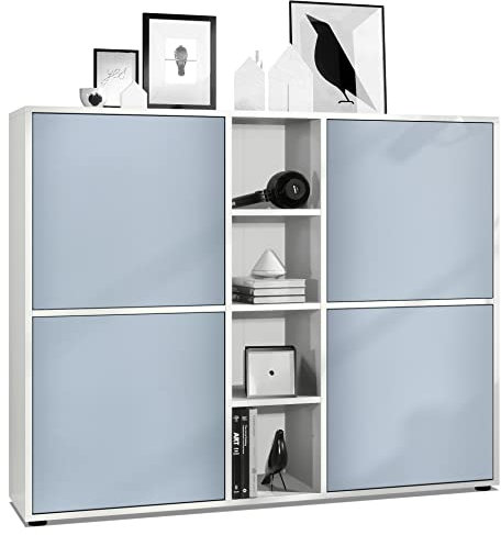 Vladon Highboard Cuba V3, Made in Germany, Weiß matt/Denim matt - Moderne Anrichte mit 12 Fächern (130,5 x 105,5 x 35,5 cm)