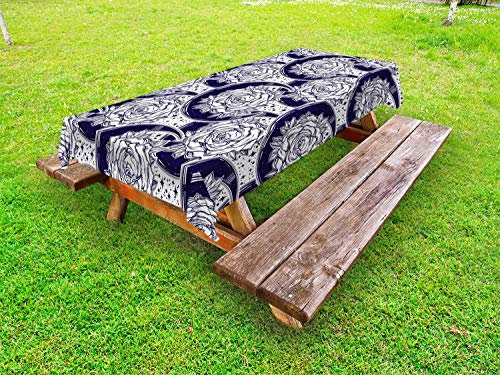 ABAKUHAUS Halbmond Outdoor-Tischdecke, Böhmische Rosen und Mond, dekorative waschbare Picknick-Tischdecke, 145 x 305 cm, Indigo Weiß