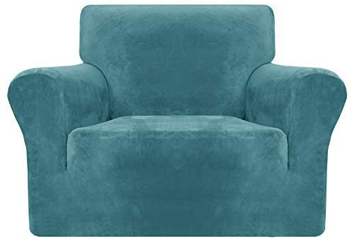 MAXIJIN Dicke Samt Stuhlhussen für Sessel Stretch rutschfeste Sofabezug 1-Sitzer Hunde Katze Haustier Wohnzimmer 1-teiliger Sofa Protector Stuhl Schonbezug (1 Sitzer, Pfauen Blau)