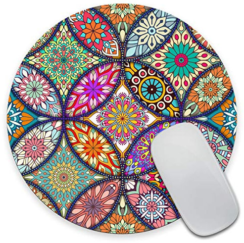 Amcove Vintage Decorative Elements Mouse Pad,Round Mandala Mouse Mat, Cute Mouse Pad with Design, Non-Slip Rubber Mousepad, Office Mouse Pad,Mandala Colour
