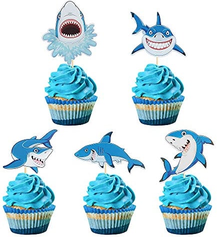 Blumomon 25 Pack Shark Cupcake Toppers Blue Shark Cake Decorations for Kids Boy Girl Babyshower Birthday Party Supply Decorations
