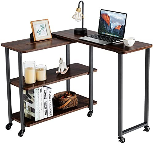 CASART Sofa Side Table, L-Shaped Computer Corner Desk with Wheels &Storage Shelves, 360 Degree Rotating Space Saving End Table for Home Office Living Room Bedroom (Walnut, 150 x 30 x 67cm)