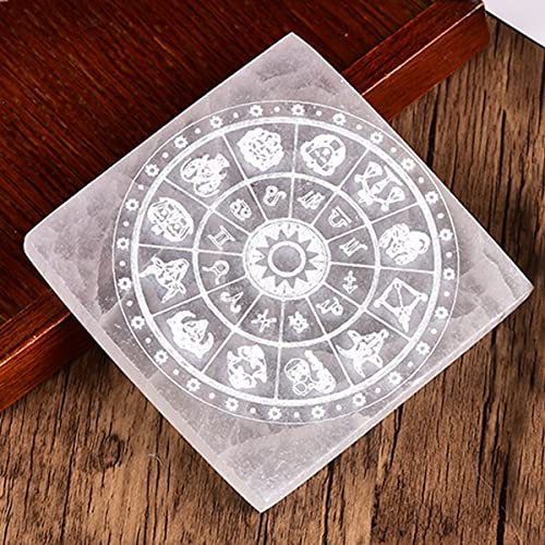 JIC Gem 4 Square Selenite Charging Plate 12 Star Engraved Selenite Slab Healing Crystal Charging Station