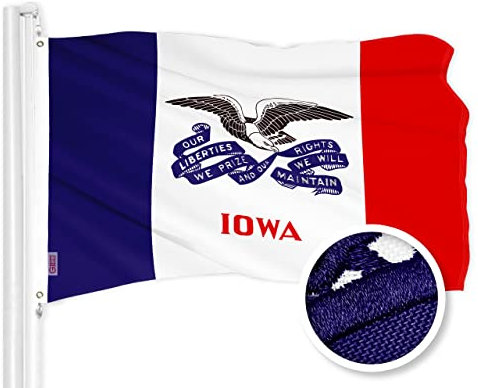G128 Iowa IA State Deluxe Flagge | 90 x 150 cm | ToughWeave Serie besticktes 300D Polyester | gesticktes Design, für drinnen und draußen, Messingösen