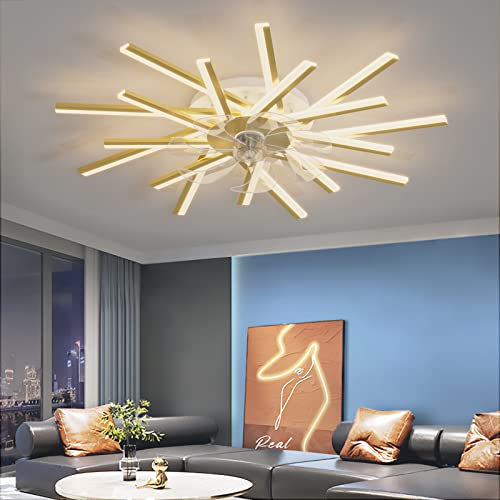 Ceiling Fans with Lights and Remote APP Control Reversible DC Large Ceiling Fans with Lamps Dimmable 6 Speed Fan Light for Living Room Bedroom, Gold, 92cm