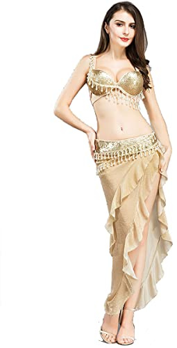 kzytamz Fransen Gold Professioneller Bauchtanz Hoher Schlitz Langer Rock Frauen Sexy Top BH Und Gürtel Tanzrock Set Hüftröcke Karneval Outfit