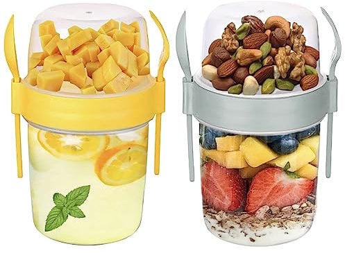 VL 2PCs Yogurt Pots Reusable 650ml Yoghurt Container with Spoon & Fork BPA free Breakfast Pots to GO Muesli Cereal On the Go Dishwasher Safe Lunch Box Oatmeal Jars, Set of 2 (Grey, Yellow)