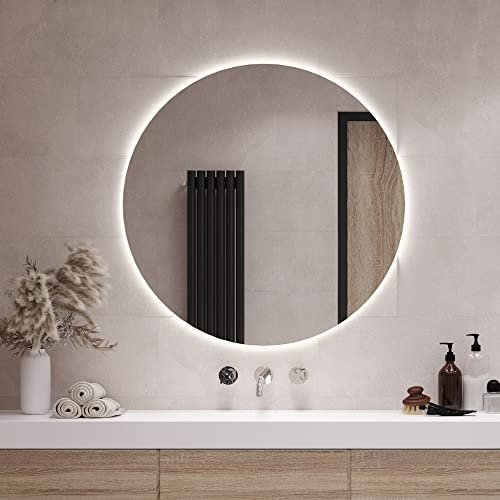 Tulup Espejo de Pared para baño salón Dormitorio con iluminación LED Espejo de Cristal Templado ⌀ 90 cm Luz - Blanco Neutro