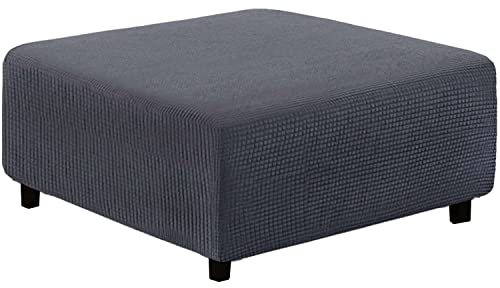 qiden Quadratischer Hockerbezug Stretch-Ottomanenbezug Plüsch, 10% Dicker großer Stretch-Hockerbezug Anti-Rutsch-Fußhocker Schonbezüge mit elastischer Unterseite-grau-XL