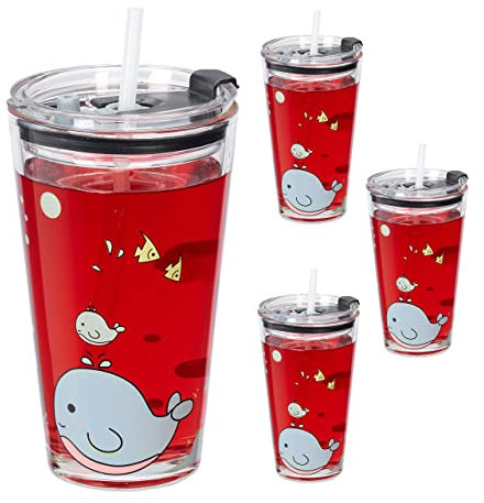 Relaxdays Set de 4 Vasos Infantiles, Diseño Ballena, Jarrita Agua Niños, Tapa y Pajita, 450 ml, Cristal, Transparente