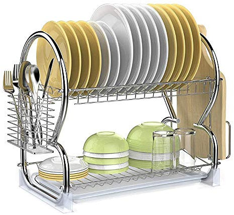 HUOLE Escurreplatos de Dos Niveles Estante Plateado, Cuencos Platos Portavasos con Bandeja de Goteo,escurreplatos Acero Inoxidable,escurreplatos con Bandeja