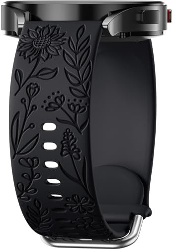 Mastten Fleur Gravé Bracelet Compatible avec Samsung Galaxy Watch 7/6/5/4 40mm 44mm Femme, 20mm Élégant Sport Silicone Bracelet pour Galaxy Watch FE/Active 2/4 6 Classic / 5 Pro, Noir