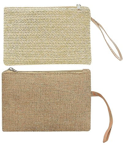 1 Beige Woven Bag, 1 Khaki Tote Bag, Women's Straw Clutch, Boho Style, Summer Beach Bag, Zipper Wallet