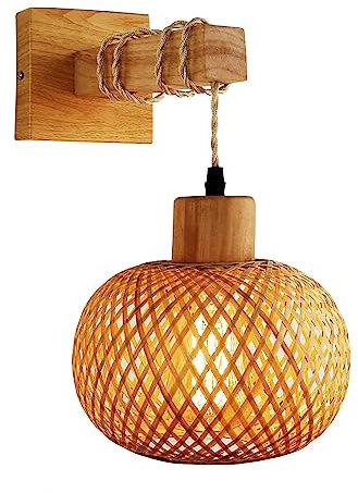 YIKEGE LICHT Vintage Wandleuchte Innen Wandlampe Holz Bambuslaterne Boho Rattan Bambus Laterne Kleine Japanische Lampe Wand Nachttischlampe Kabellos E27 Nachtlicht für das Bad Wohnzimmer Schlafzimmer