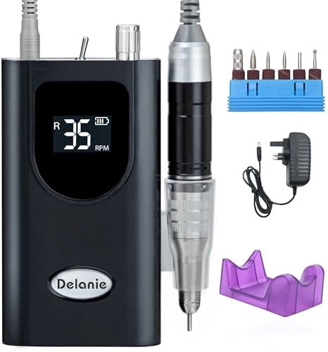 Delanie Nail Drill, 35000 RPM Electric Nail Files Rechargeable Portable E File Kit with 6 Drill Bits for Acrylic Nails and Gel Nails,UK Plug Black