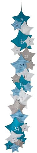 Adventskalender Stars Türkis - Wiederverwendbarer Stoff-Adventskalender zum Selbstbefüllen, Girlande mit 24 unterschiedlichen Stoffsternen, 200 x 35 cm