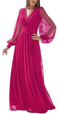Abito da damigella d'onore a maniche lunghe da donna, con scollo a V, abito formale in chiffon plissettato, linea A, abiti da sera, Fucsia, 48