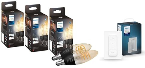 Philips Hue White Ambiance Filament E14 LED Lampe, dimmbar, 350lm, alle Weißschattierungen, App-steuerbar, Alexa-kompatibel, Klar (6er Pack) mit kabellosem Dimmschalter für Lichtszenenabruf