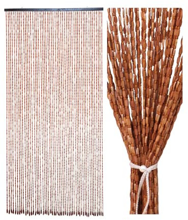 Ezcasch 90x195cm Rideau de Perles en Bois - 52 brins Beige Rideau de Porte Perles - Rideaux de Porte Naturels faits à la main Moustiquaire Porte pour Chambre à coucher, Porte de Terrasse
