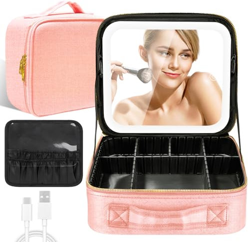 Gabrella Makeup Bag, Travel Makeup Bag with LED Mirror, Cosmetic Bag Make up Organizer Bag Portable Makeup Case, Adjustable Brightness in 3 Color Modes, Waterproof Makeup Vanity Case for Women