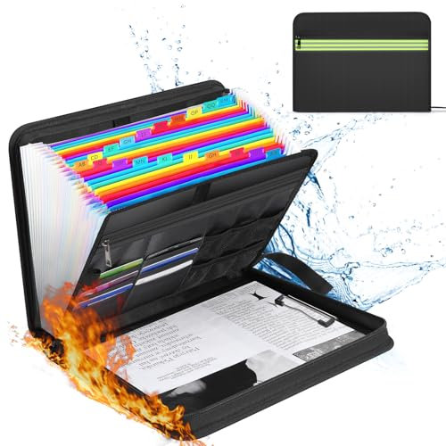 Carpeta archivadora ignífuga A4, carpeta de escritura con cremallera y etiquetas, caja de documentos ignífuga con 24 compartimentos y varios compartimentos para bolsillo A4
