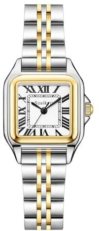 Szaikyri Klassisches Quadrat Damenuhr mit römischen Ziffern Damenkleiduhren Armbanduhr Damen (Silver&Gold-Black)