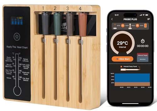 lfcforldx Termómetro inteligente inalámbrico de 4 sondas para carne, para barbacoa, horno, parrilla, cocina, ahumador, asador, aplicación iOS y Android, compatible con Apple Watch, Alexa, apto para
