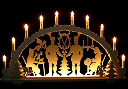 Großer Schwibbogen 70cm x 40cm mit 10 Kerzen und LED Vorbeleuchtung - Bergmann/Schnitzer/Klöppelfrau - traditionelles Motiv - Handarbeit aus dem Erzgebirge - Schwibbogen für Weihnachten