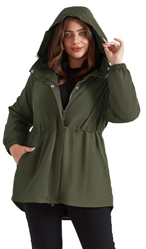 Hanna Nikole Damen Große Größe Leichte Wasserdicht Warm Fleece Regenjacke Zweiwege Reißverschluss Windbreaker Verstellbare Kapuze Outdoorjacke Armygreen 52