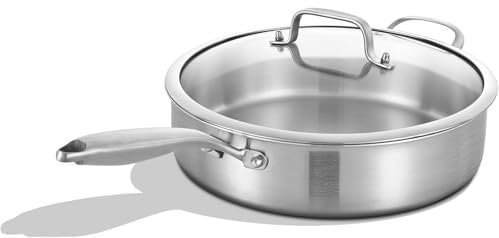 Inqibee Sauteuse triple épaisseur de 2,5 l en acier inoxydable avec couvercle, poêle à frire à induction de 26 cm, poignée ergonomique amovible et passe au four