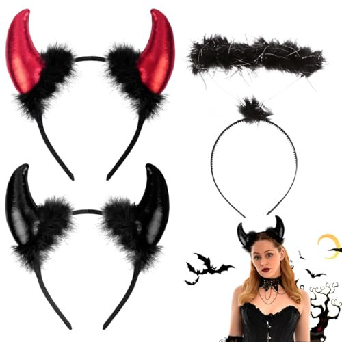 LGZIN 3 Pièces Oreilles Diable Bandeau avec Noire Bandeaux Ange Halo, Serre Tete Halloween Femme Diable, Demon Bandeaux, Bandeau de Corne Démon pour Halloween Carnaval Cosplay Costume Fête